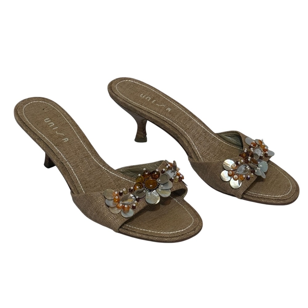 Unisa Womens Tan Linen Beaded Kitten Heel Mules Slide Sandals Size 7.5